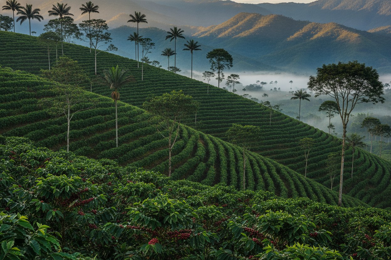 Cafetal en ladera del Quindío al amanecer, con niebla baja entre las hileras de cafetos