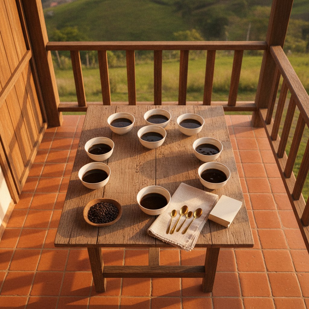 Ocho tazas de catación numeradas sobre una mesa de madera en el corredor de una finca cafetera