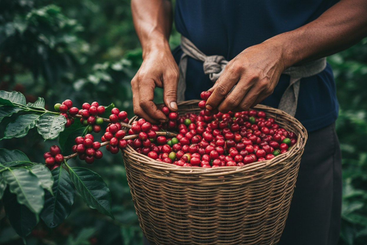 Manos recolectando cerezas de café maduras en un canasto de mimbre atado a la cintura
