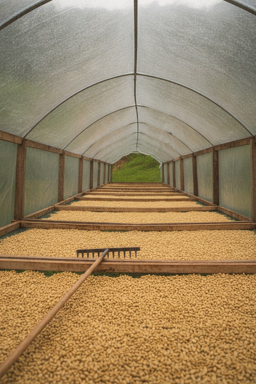 Café en pergamino secándose en camas elevadas bajo una marquesina de plástico traslúcido